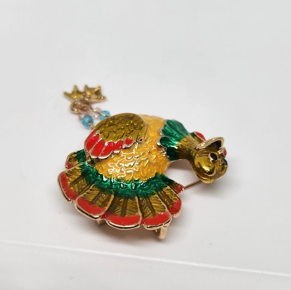 Turkey Brooch Pin Pendant Enamel Thanksgiving Fall Gold Tone Beaded Legs New - Picture 4 of 6